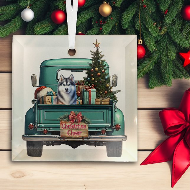 Siberian Husky Dog Retro Truck Christmas Glass Tree Decoration (Creator Uploaded)