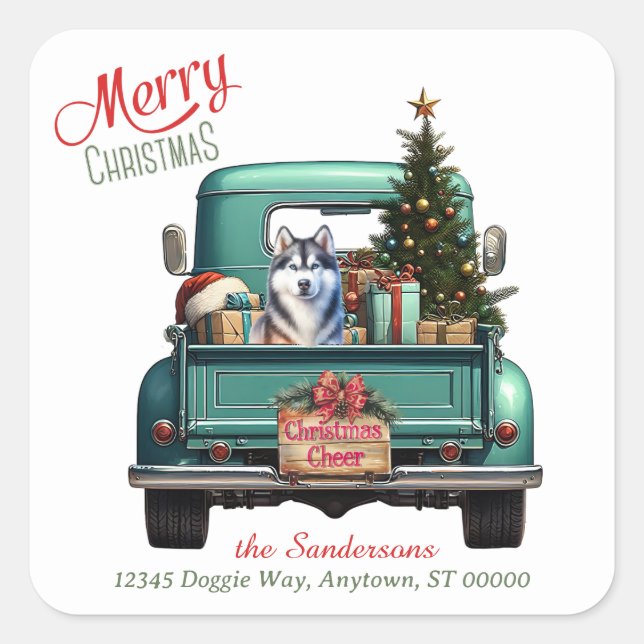 Siberian Husky Dog Retro Truck Christmas Square Sticker (Front)