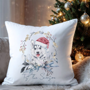 Siberian Husky Dog Santa Hat Wreath Holiday Cushion