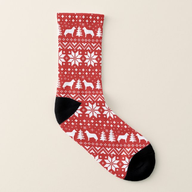 Siberian Husky Dog Silhouettes Red Holiday Pattern Socks (Left Inside)
