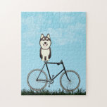 Siberian Husky Dog Sitting on Vintage Bicycle Jigsaw Puzzle<br><div class="desc">Puzzle featuring an adorable Husky sitting on an old-fashioned bicycle on a blue summer day.</div>