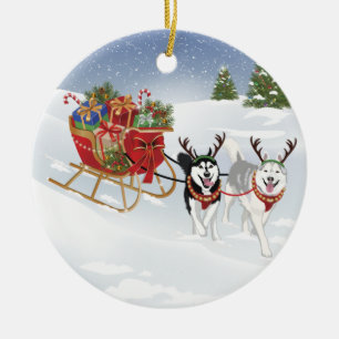 Siberian Husky Dog Sledding With Christmas Sleigh! Ceramic Ornament