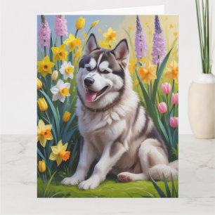 Siberian Husky Dog Spring Flowers Painting Card