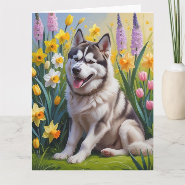 Siberian Husky Dog Spring Flowers Painting Card (Front)