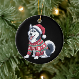 Siberian Husky Dog Ugly Sweater Santa Hat Xmas Ceramic Ornament