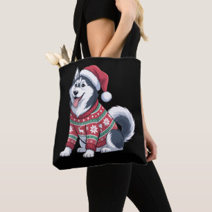 Siberian Husky Dog Ugly Sweater Santa Hat Xmas Tote Bag