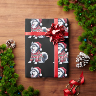 Siberian Husky Dog Ugly Sweater Santa Hat Xmas Wrapping Paper