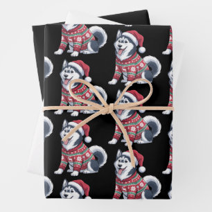 Siberian Husky Dog Ugly Sweater Santa Hat Xmas Wrapping Paper Sheet
