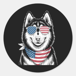Siberian Husky Dog Usa Flag Sungles Patriotic 4th Classic Round Sticker