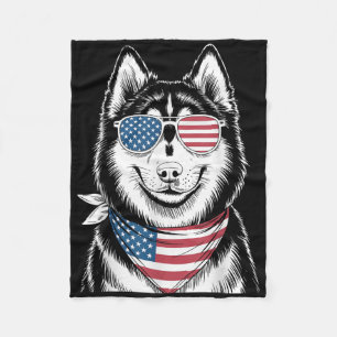 Siberian Husky Dog Usa Flag Sungles Patriotic 4th Fleece Blanket