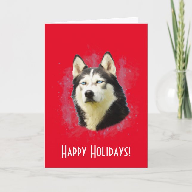 Siberian Husky Dog Water Colour Art Happy Holidays Holiday Card (Front)