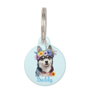 Siberian husky Dog Watercolor Flower Round Pet Tag