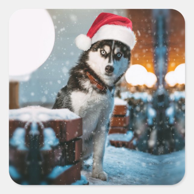 Siberian Husky dog wearing santa hat Square Sticker (Front)