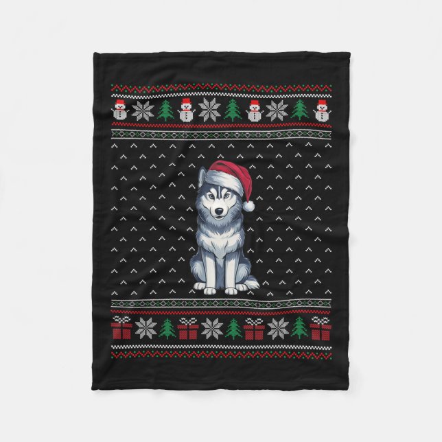 Siberian Husky Dog Wearing Santa Hat Ugly Xmas Dog Fleece Blanket (Front)