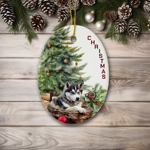 Siberian Husky Dog Wicker Basket Christmas Ceramic Ornament