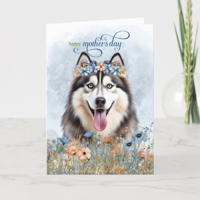 Siberian Husky Dog Wildflowers Mother's Day Holiday Card (Front)