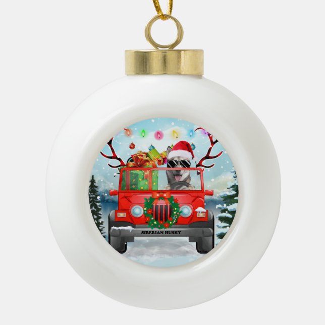 Siberian Husky dog with Christmas gifts Ceramic Ball Christmas Ornament (Front)