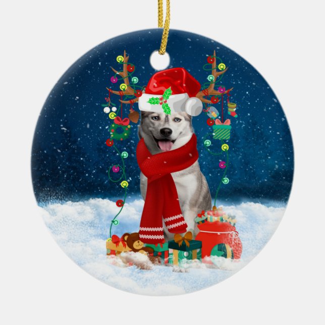 Siberian Husky dog with Christmas gifts  Ceramic Ornament (Front)