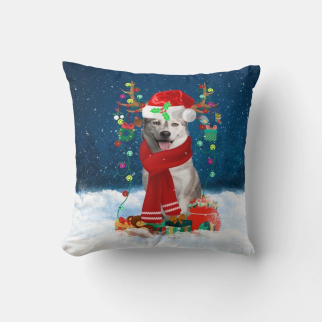 Siberian Husky dog with Christmas gifts Cushion (Front)