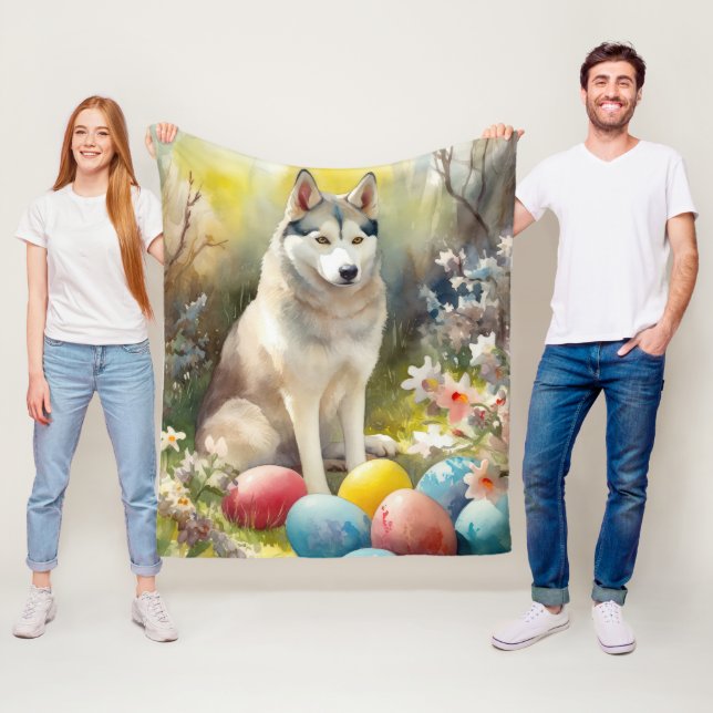 Siberian Husky Dog with Easter Eggs Holiday  Fleece Blanket (In Situ)