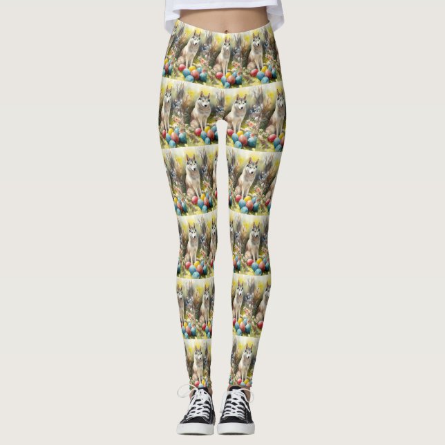 Siberian Husky Dog with Easter Eggs Holiday  Leggings (Front)