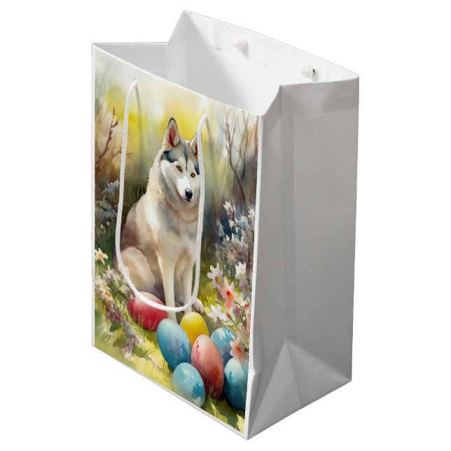 Siberian Husky Dog with Easter Eggs Holiday  Medium Gift Bag (Front Angled)