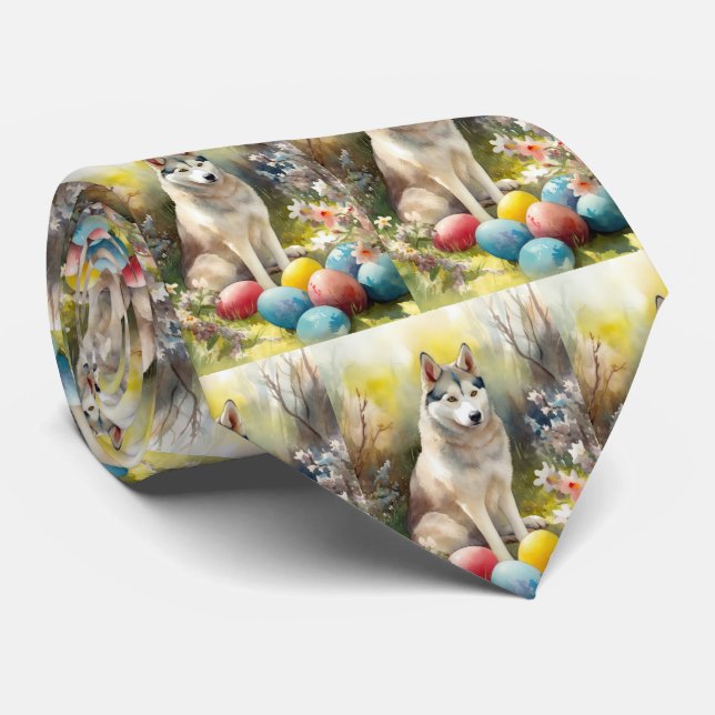 Siberian Husky Dog with Easter Eggs Holiday  Tie (Rolled)