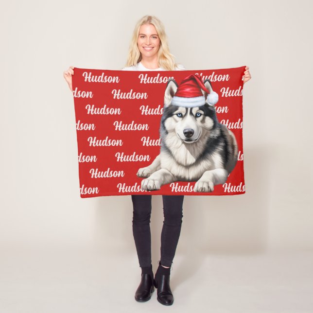 Siberian Husky Dog with Name Patterned Christmas Fleece Blanket (In Situ)