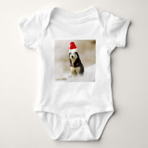 Siberian Husky Dog with Santa Hat in Snow Baby Bodysuit