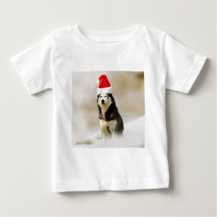 Siberian Husky Dog with Santa Hat in Snow Baby T-Shirt