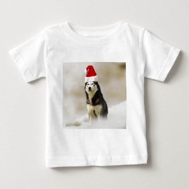 Siberian Husky Dog with Santa Hat in Snow Baby T-Shirt (Front)