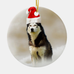 Siberian Husky Dog with Santa Hat in Snow Ceramic Tree Decoration