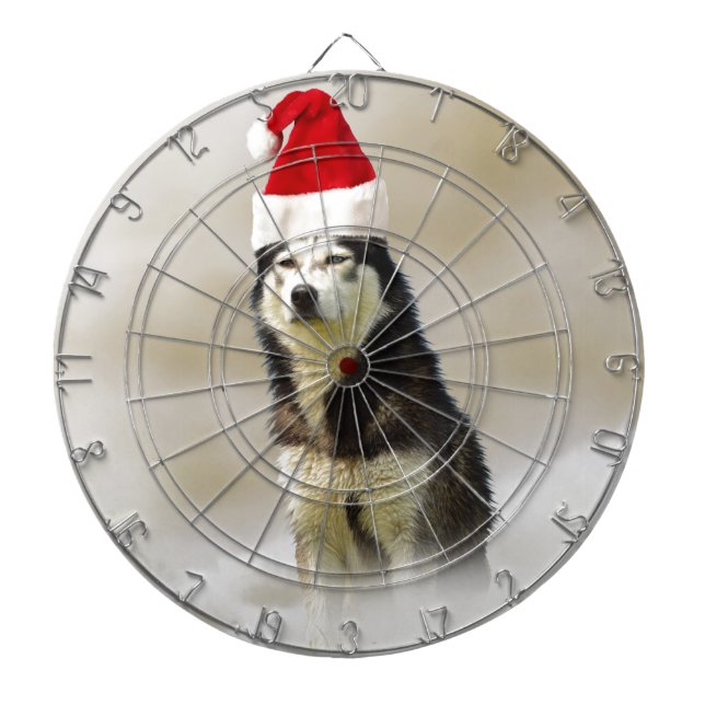 Siberian Husky Dog with Santa Hat in Snow Dartboard (Front)