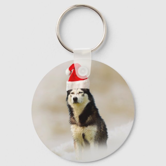 Siberian Husky Dog with Santa Hat in Snow Key Ring (Front)