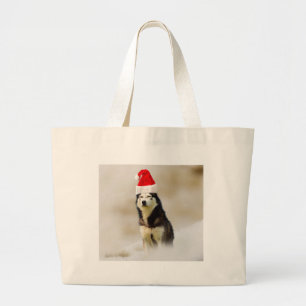 Siberian Husky Dog with Santa Hat in Snow Large Tote Bag