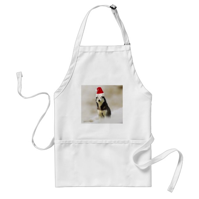 Siberian Husky Dog with Santa Hat in Snow Standard Apron (Front)