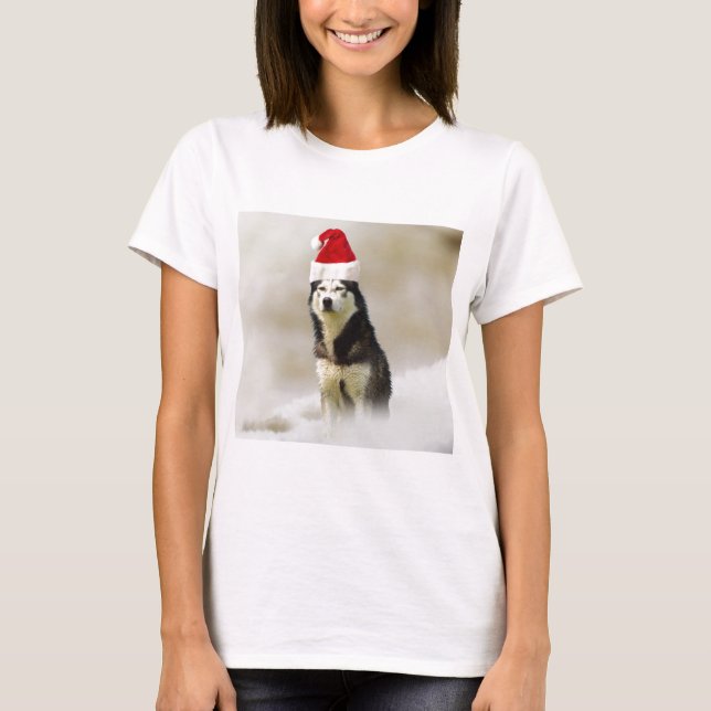 Siberian Husky Dog with Santa Hat in Snow T-Shirt (Front)