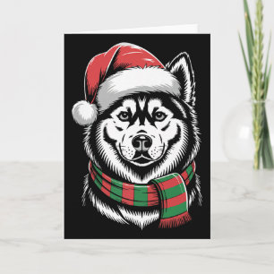 Siberian Husky Dog Xmas Santa Hat Scarf Christmas Card