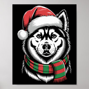 Siberian Husky Dog Xmas Santa Hat Scarf Christmas Poster