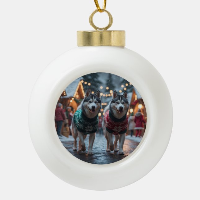 Siberian Husky Dogs Christmas Snow Holiday  Ceramic Ball Christmas Ornament (Front)