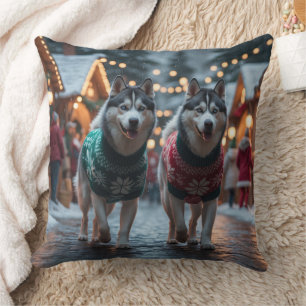 Siberian Husky Dogs Christmas Snow Holiday  Cushion