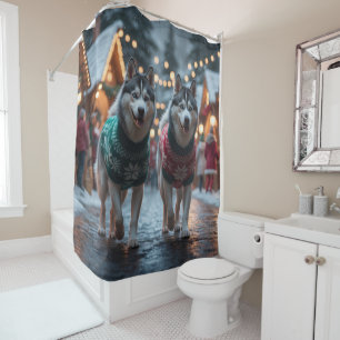 Siberian Husky Dogs Christmas Snow Holiday Shower Curtain