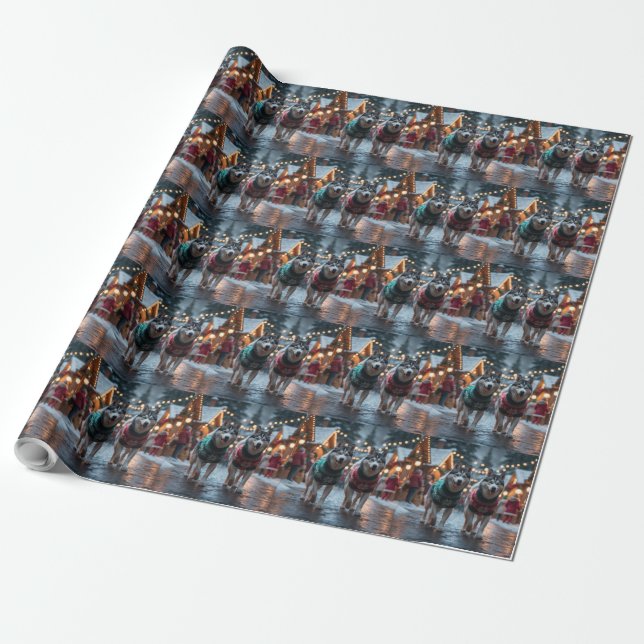 Siberian Husky Dogs Christmas Snow Holiday  Wrapping Paper (Unrolled)
