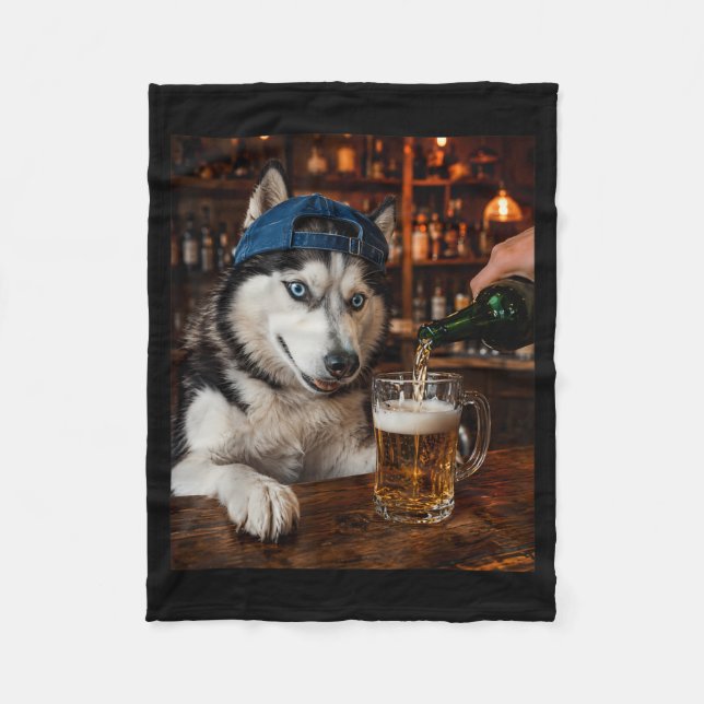 Siberian Husky Drinking Beer Funny Dog Meme Fleece Blanket (Front)
