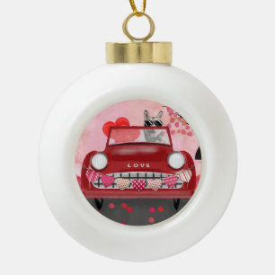 Siberian Husky Driving Car with Hearts Valentine's Ceramic Ball Christmas Ornament