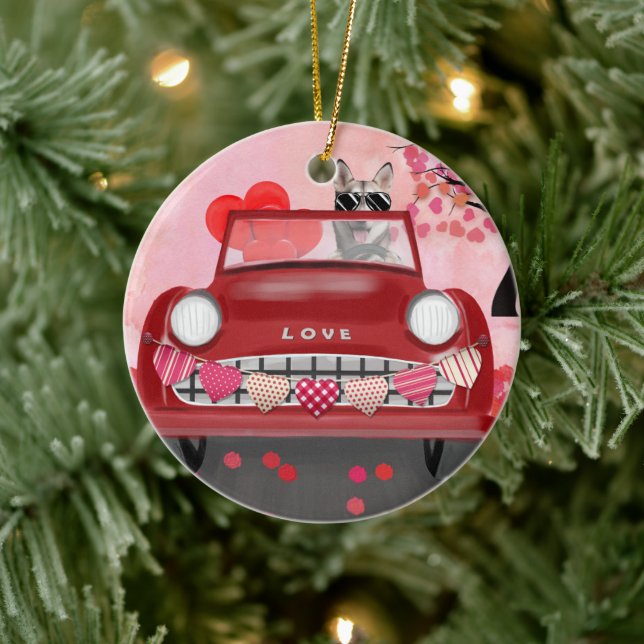Siberian Husky Driving Car with Hearts Valentine's Ceramic Ornament (Tree)