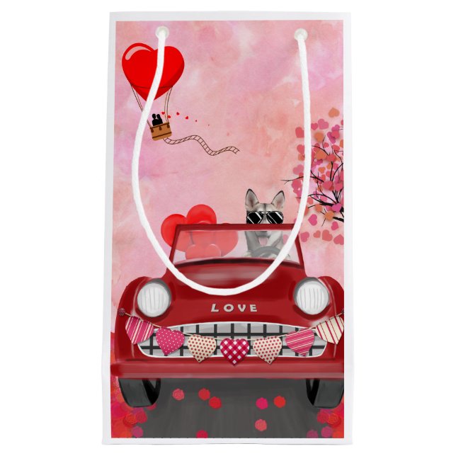 Siberian Husky Driving Car with Hearts Valentine's Small Gift Bag (Front)