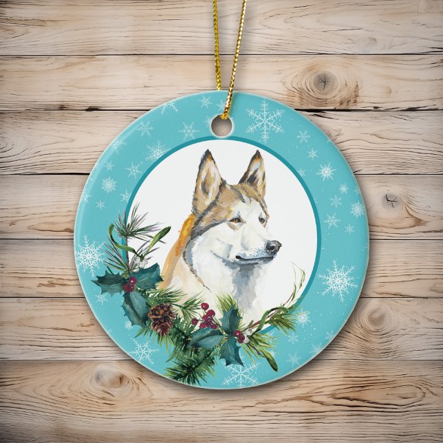 Siberian Husky Evergreen Blue Snowflake Border Ceramic Ornament (Creator Uploaded)