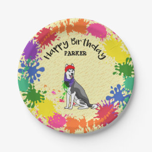Siberian Husky Fun Paint Splash Art Party Paper Plate