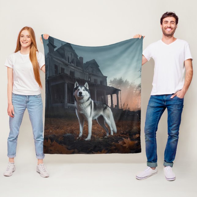 Siberian Husky Halloween Scary  Fleece Blanket (In Situ)